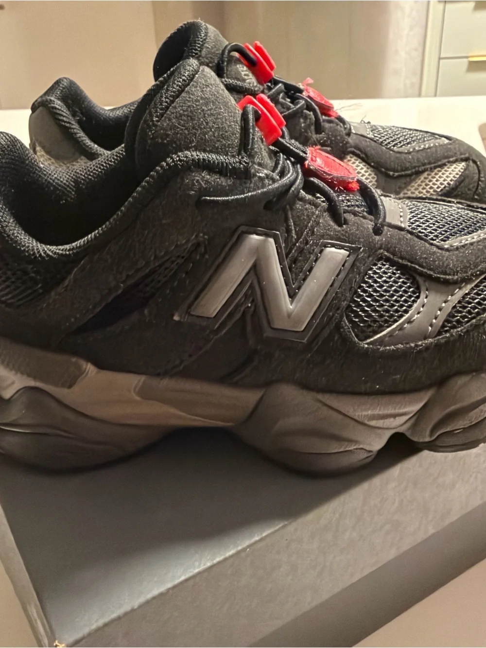 Kids Black and Gray Athletic Sneakers with Red Accents